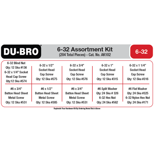 Du-Bro 6-32 Hardware Assortment Kit 204 Pcs Set - AK102