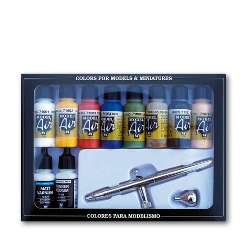 Vallejo 71167 Model Air Basic Colours 10 Colour Acrylic Paint + Airbrush Set