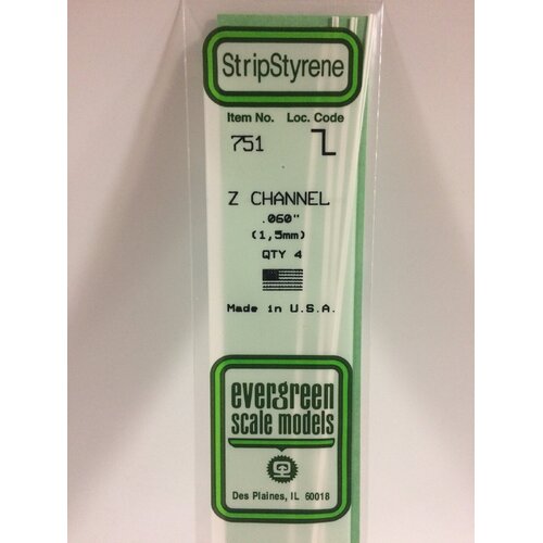 Evergreen 751 White Styrene Z Channel .060 X .030 X .014 (Pack Of 4)