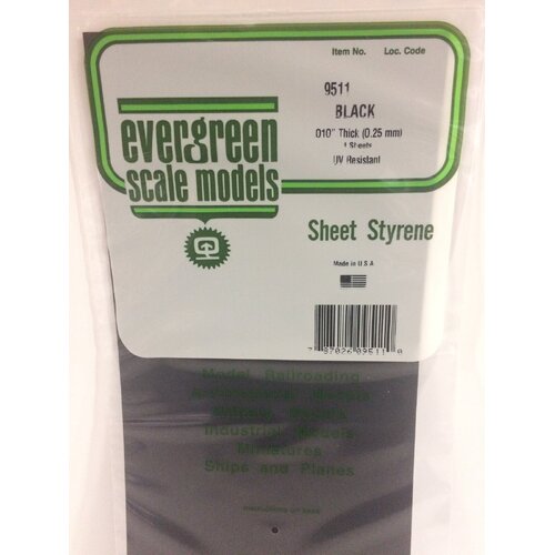 Evergreen 9511 15 X 30Cm Black Styrene Sheet .010 (Pack Of 4)