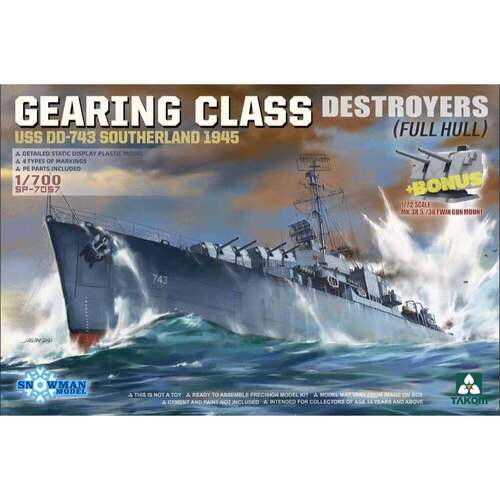 Takom SP-7057 1/700 Gearing Class Destroyer USS DD-743 Southerland 1945 Full Hull Plastic Model Kit