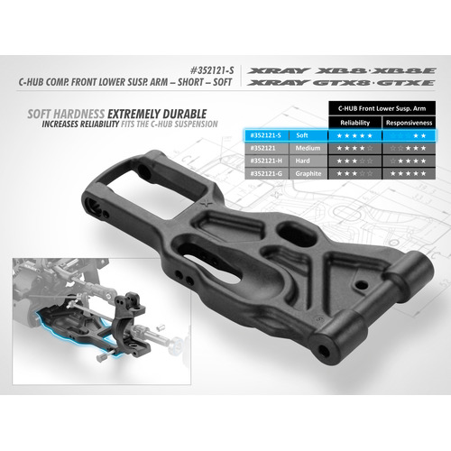 XRAY XB8 C-HUB COMPOSITE FRONT LOWER SUSPENSION ARM - SHORT - SOFT - XY352121-S