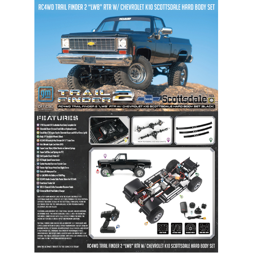 RC4WD Trail Finder 2 "LWB" W/ Chevrolet K10 Scottsdale Hard Body Set Black RTR - Z-RTR0067